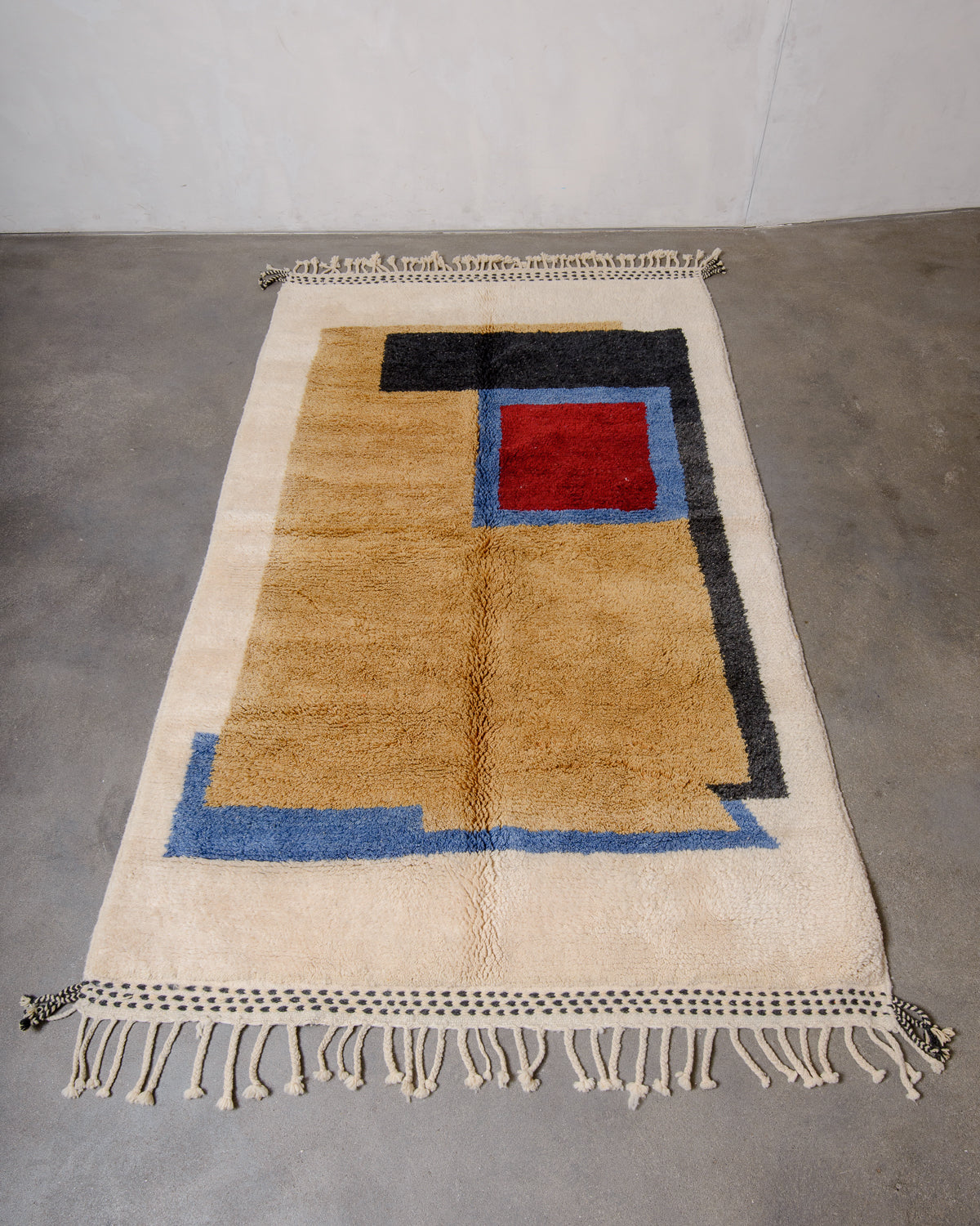 Modern, designer, handcrafted Berber rug from Morocco. Beniourain carpet with beautiful colours and patterns and fluffy wool texture.